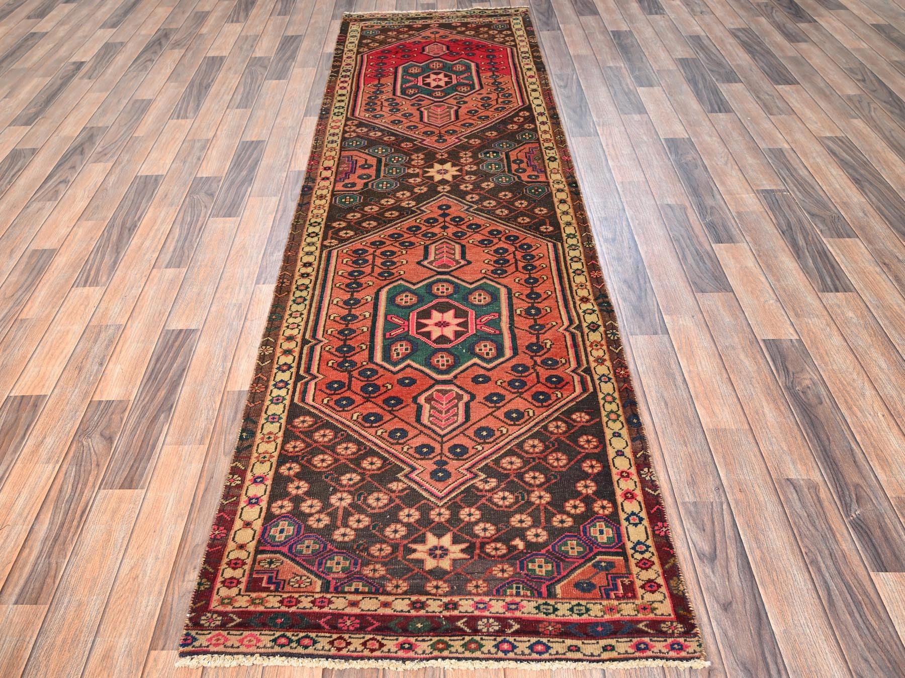 Brown 2'9" x 9'11" Vintage Hand knotted Wool Rug - Sku: O01530
