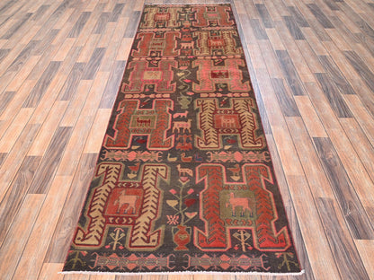 Brown 2'10" x 8'11" Vintage Hand knotted Wool Rug - Sku: O01531
