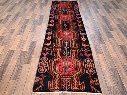Black 2'5" x 8'10" Vintage Hand knotted Wool Rug - Sku: O01547