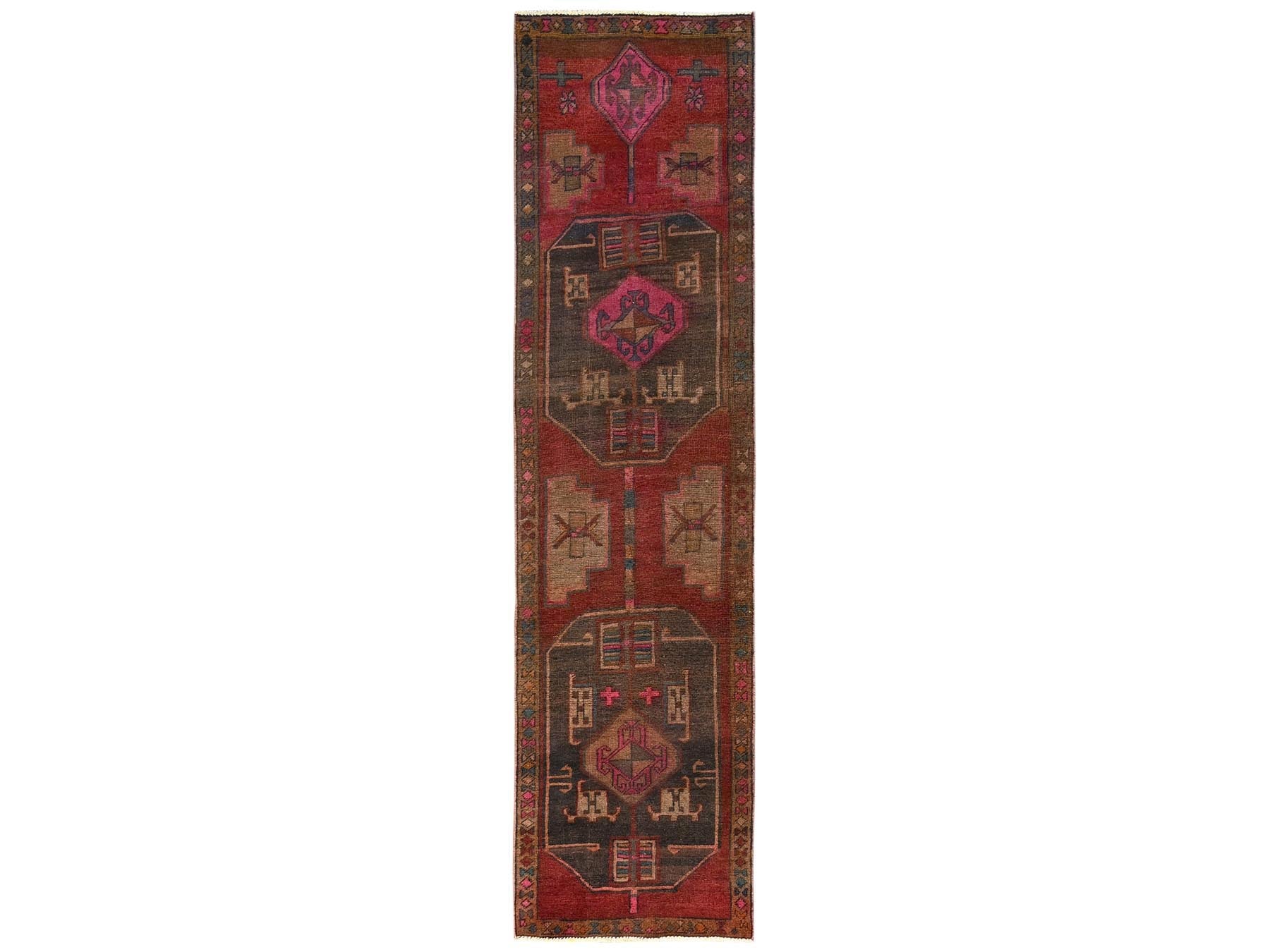 Hamadan Vintage hand-knotted wool runner in Red & Brown, 2'10" x 11'8" — SKU O01552