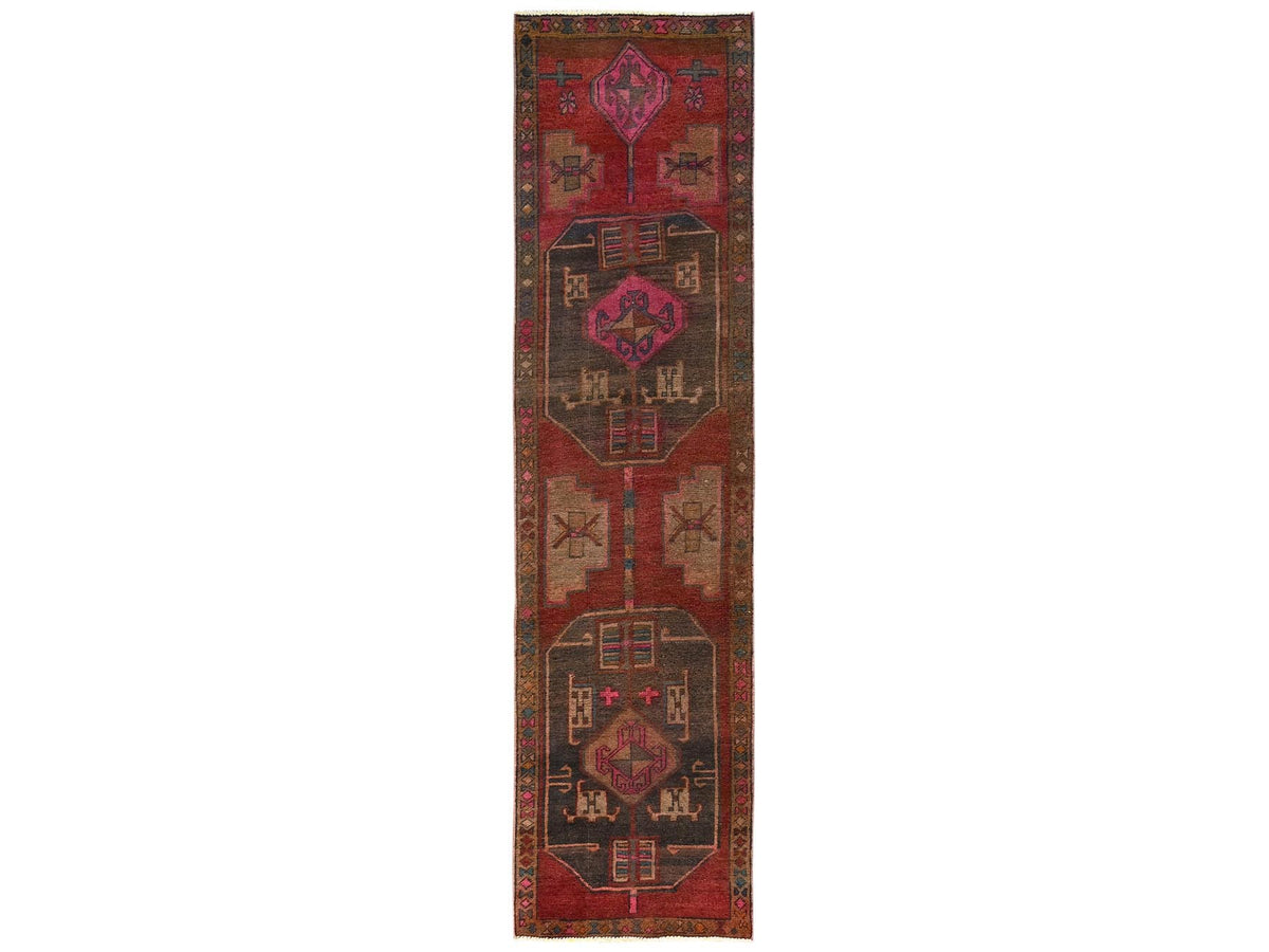Hamadan Vintage hand-knotted wool runner in Red & Brown, 2'10" x 11'8" — SKU O01552