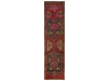 Hamadan Vintage hand-knotted wool runner in Red & Brown, 2'10" x 11'8" — SKU O01552