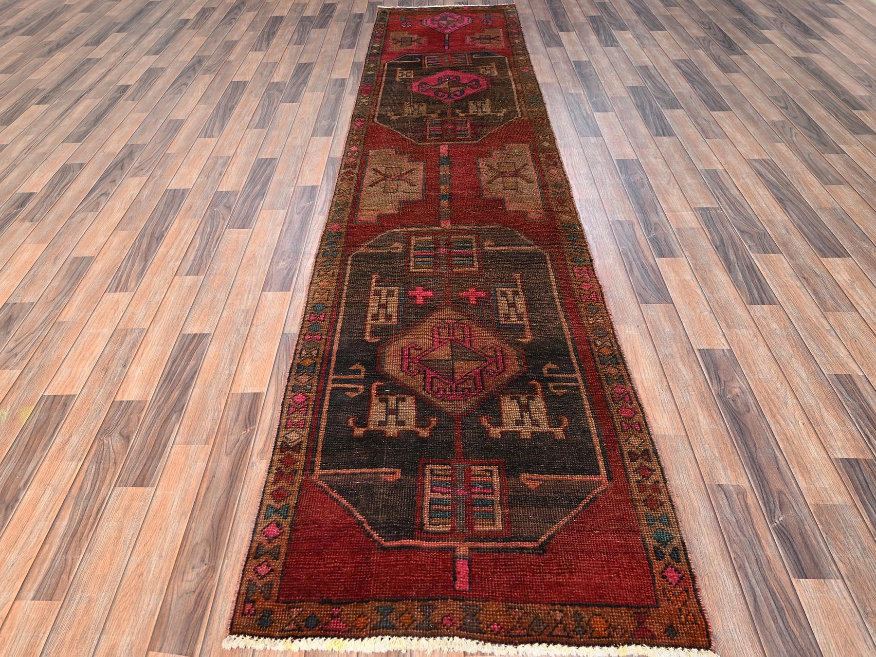 Hamadan Vintage hand-knotted wool runner in Red & Brown, 2'10" x 11'8" — SKU O01552 (view 2)