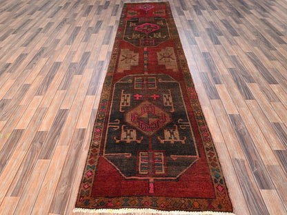 Hamadan Vintage hand-knotted wool runner in Red & Brown, 2'10" x 11'8" — SKU O01552 (view 2)