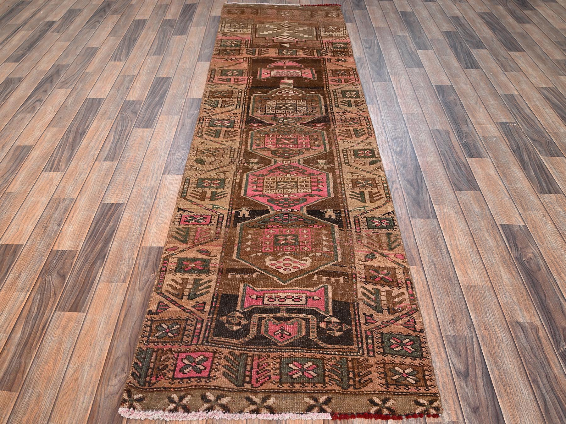Brown 2'7" x 8'9" Vintage Hand knotted Wool Rug - Sku: O01553