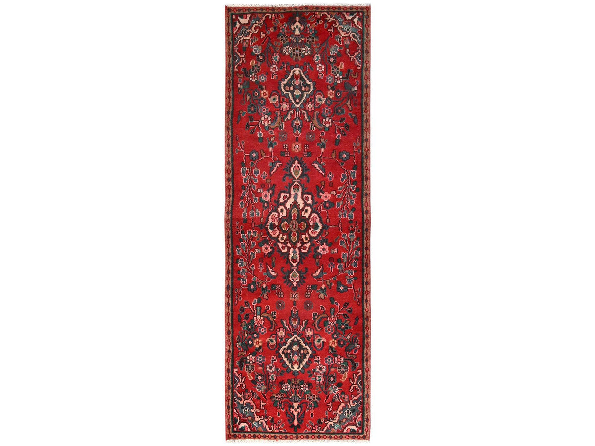 Vintage hand-knotted wool runner in Red & Brown, 3' x 9'1" — SKU O01557