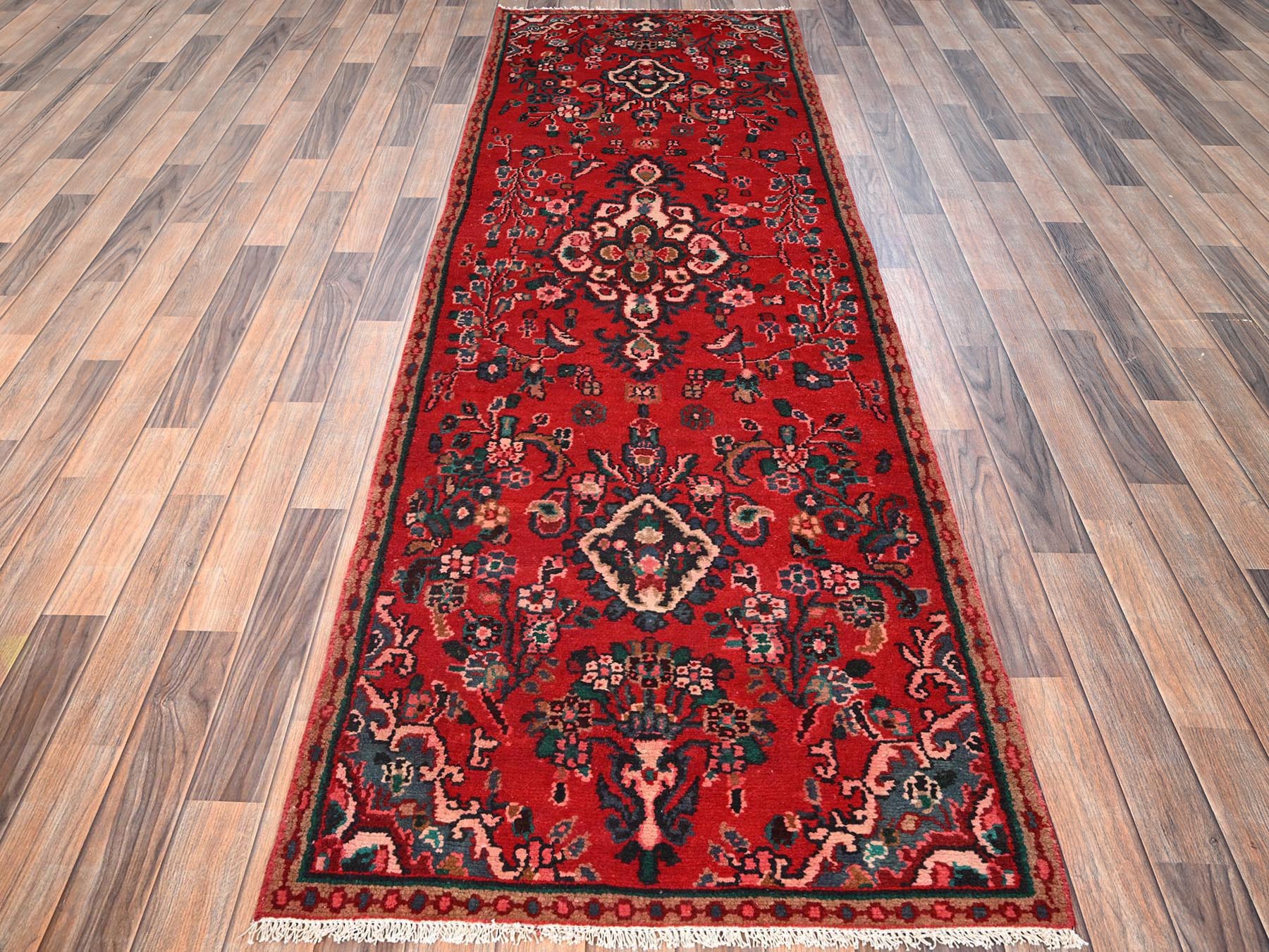 Vintage hand-knotted wool runner in Red & Brown, 3' x 9'1" — SKU O01557 (view 2)