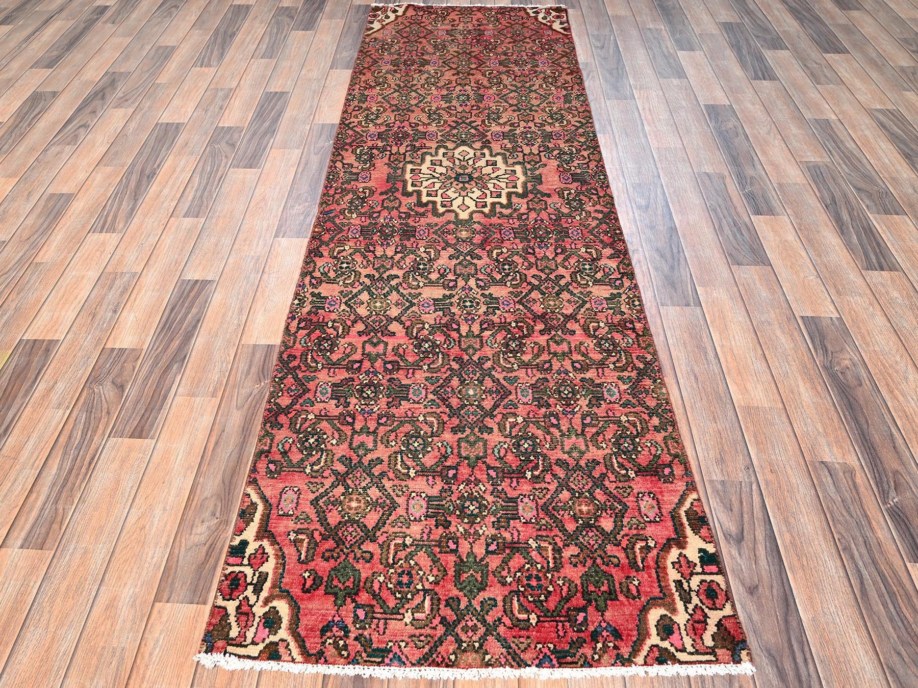 Vintage hand-knotted wool runner in Pink, 2'7" x 8'6" — SKU O01559 (view 2)