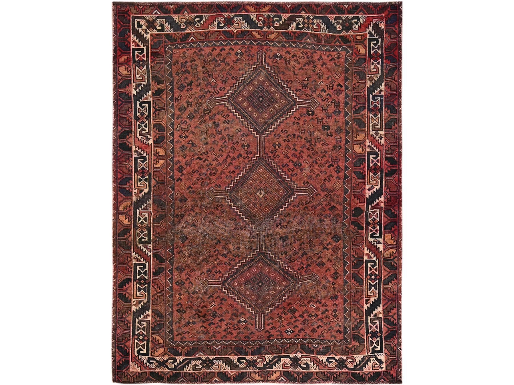 Shiraz Vintage hand-knotted wool rug in Red & Ivory, 5'1" x 6'9" — SKU O01569