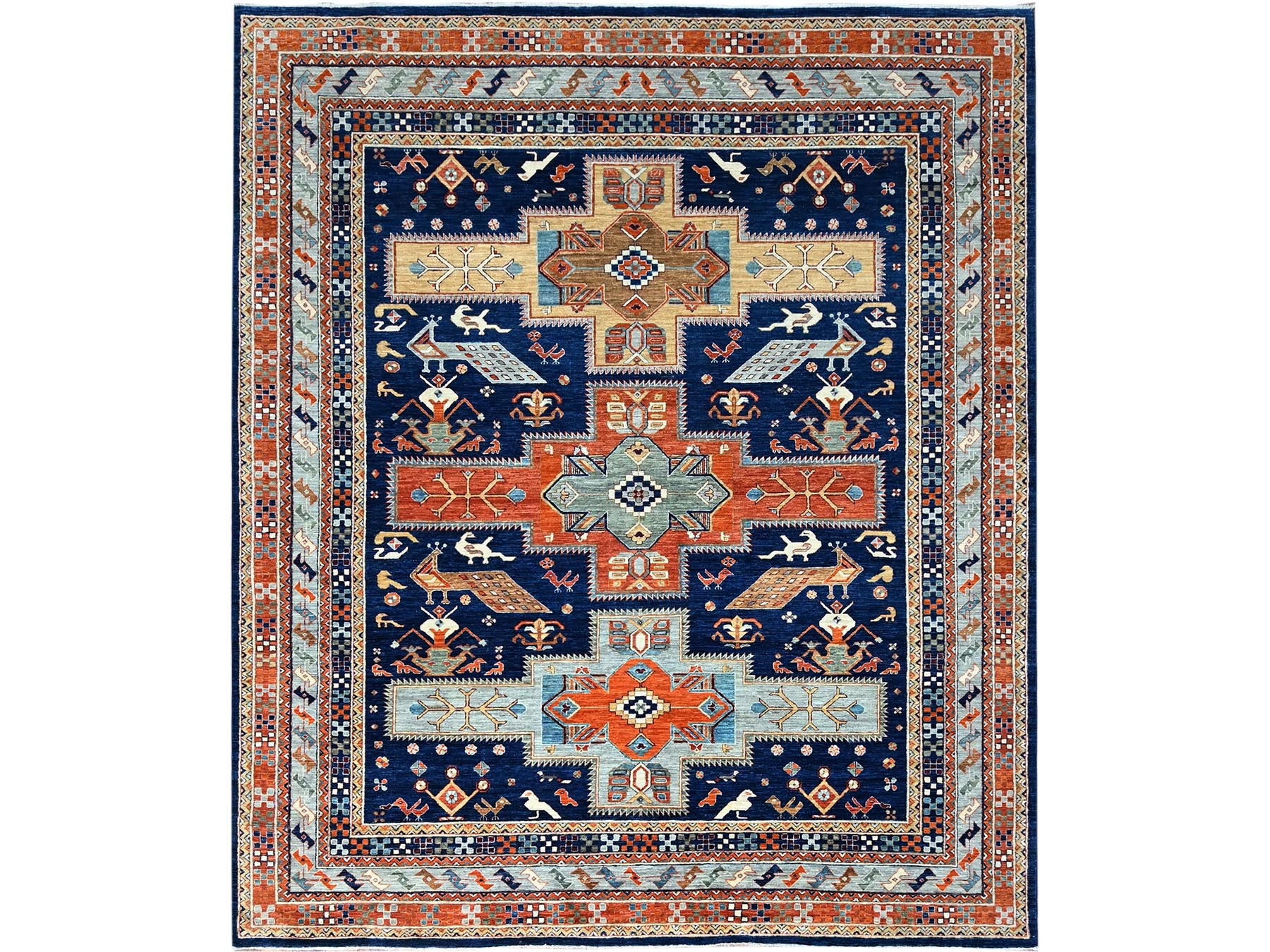 Tribal hand-knotted wool rug in Blue, 7'10" x 9'4", SKU O0156