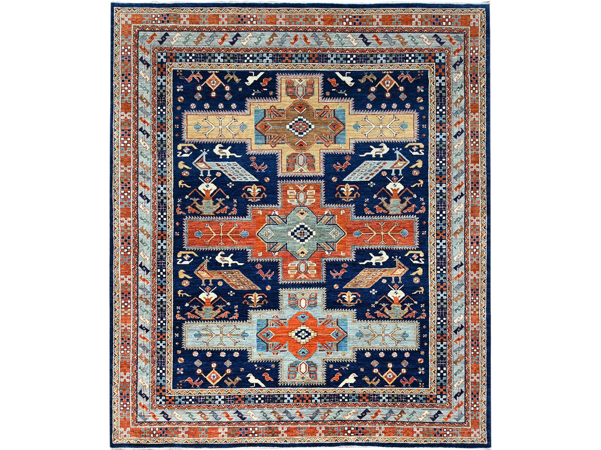 Tribal hand-knotted wool rug in Blue, 7'10" x 9'4", SKU O0156