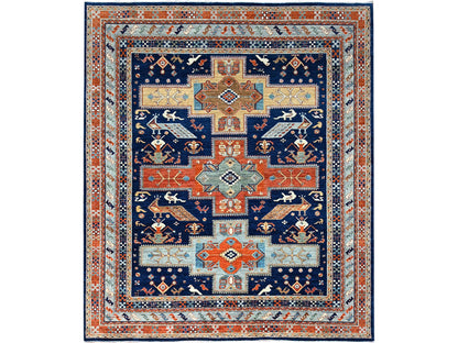 Tribal hand-knotted wool rug in Blue, 7'10" x 9'4", SKU O0156
