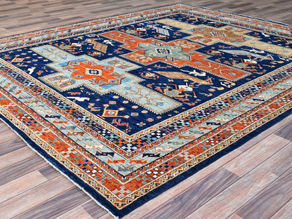 Tribal hand-knotted wool rug in Blue, 7'10" x 9'4", SKU O0156