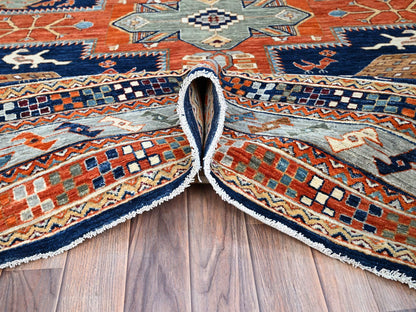 Tribal hand-knotted wool rug in Blue, 7'10" x 9'4", SKU O0156