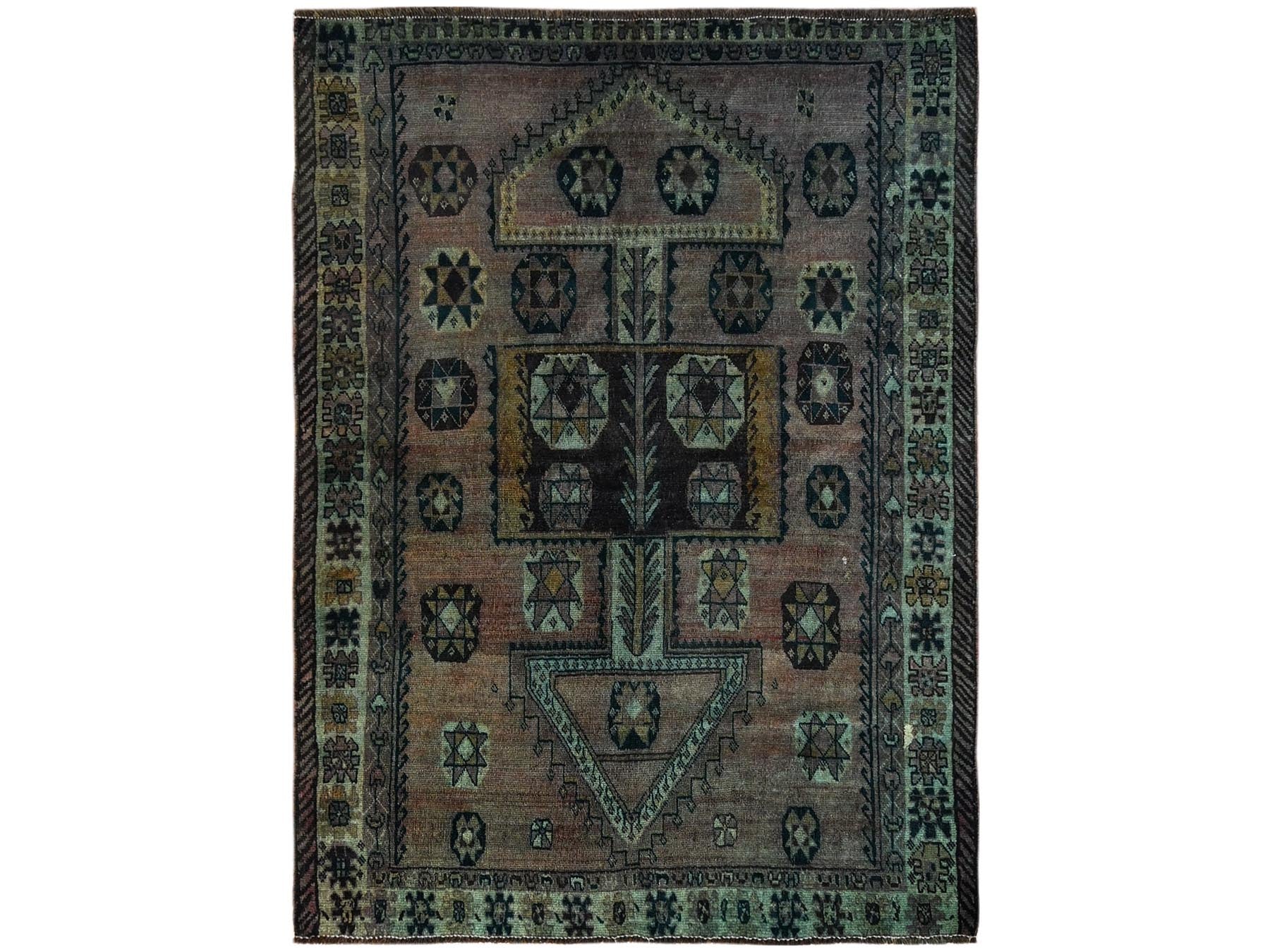 Shiraz Vintage hand-knotted wool rug in Overdyed & Green, 5'6" x 7'4" — SKU O01574