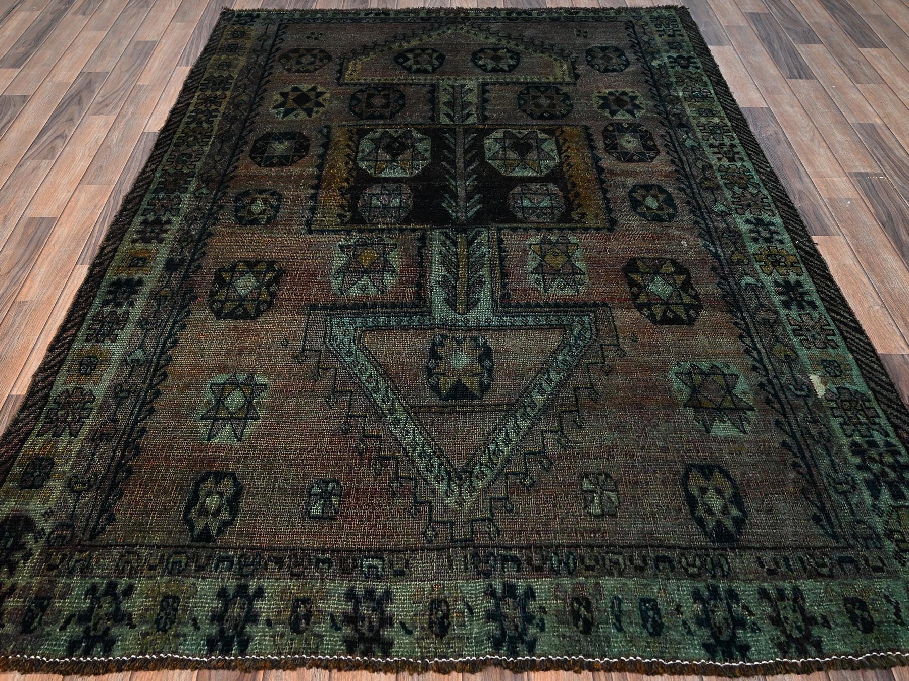 Shiraz Vintage hand-knotted wool rug in Overdyed & Green, 5'6" x 7'4" — SKU O01574 (view 2)