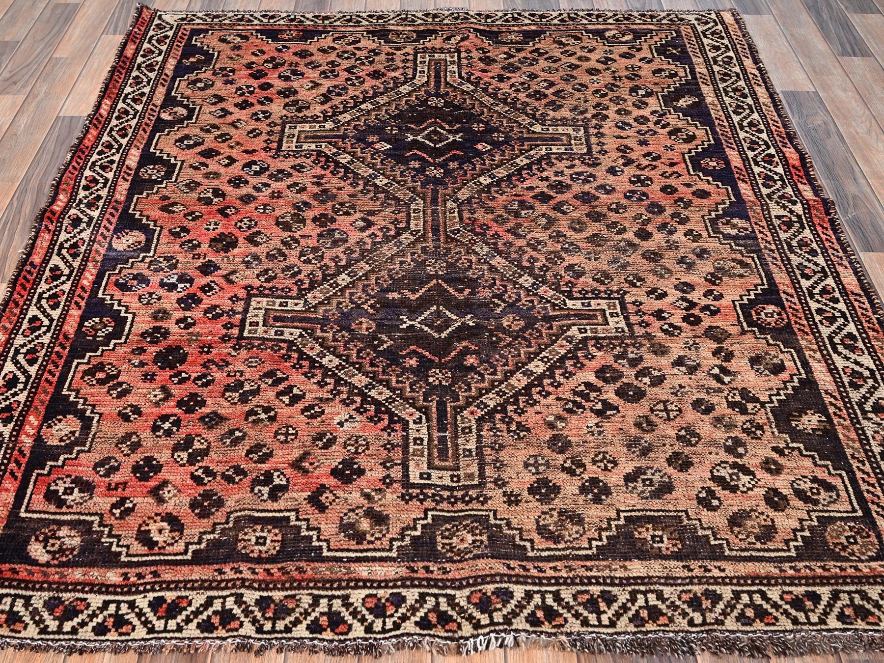 Red 5'3" x 5'11" Vintage Hand knotted Wool Rug - Sku: O01576