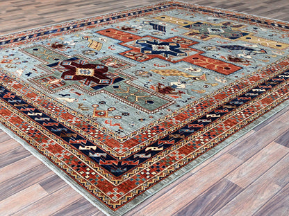 Grey 8'1" x 9'11" Tribal & Geometric Hand knotted Wool Rug - Sku: O0157