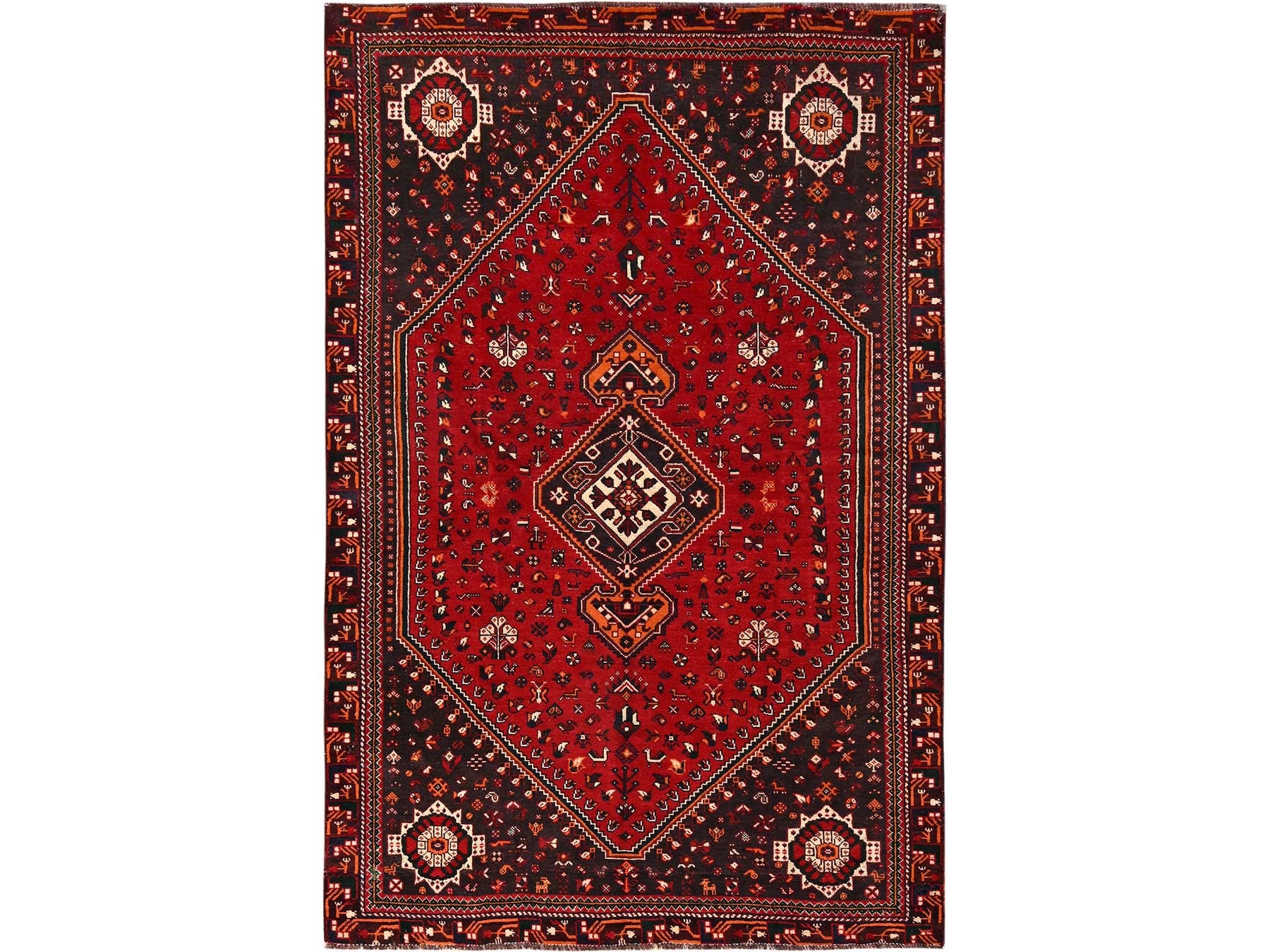 Shiraz Vintage hand-knotted wool rug in Red & Chocolate Brown, 6'4" x 9'9" — SKU O01581