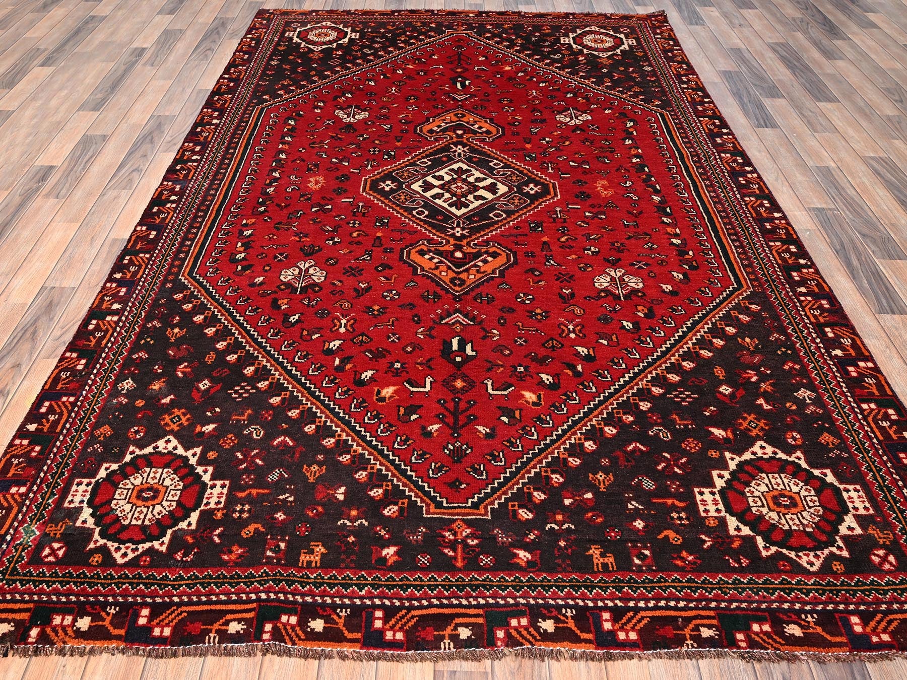 Shiraz Vintage hand-knotted wool rug in Red & Chocolate Brown, 6'4" x 9'9" — SKU O01581 (view 2)
