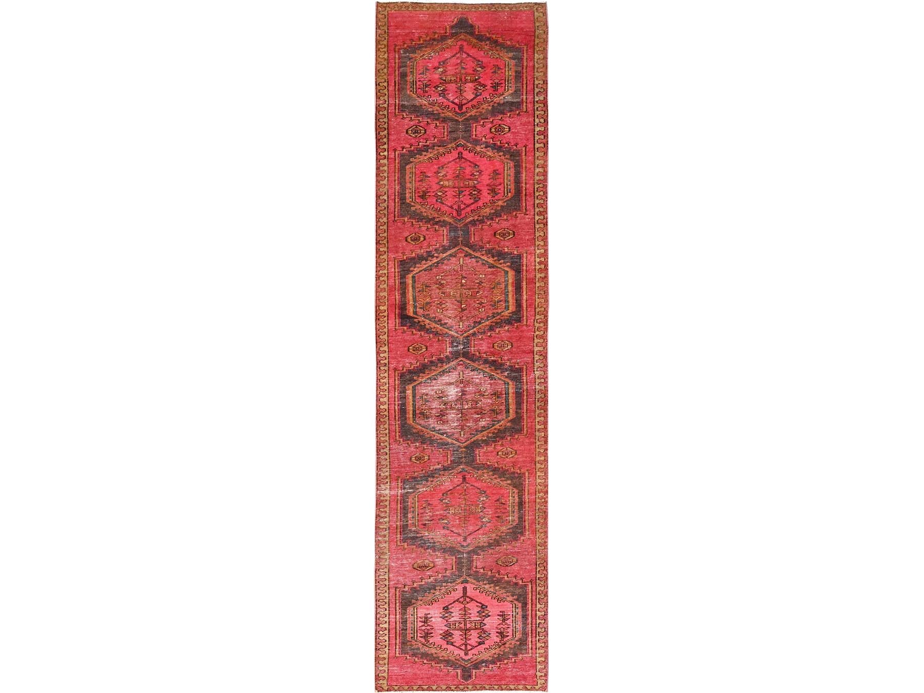 Vintage hand-knotted wool runner in Pink & Yellow, 2'8" x 13'6" — SKU O01586