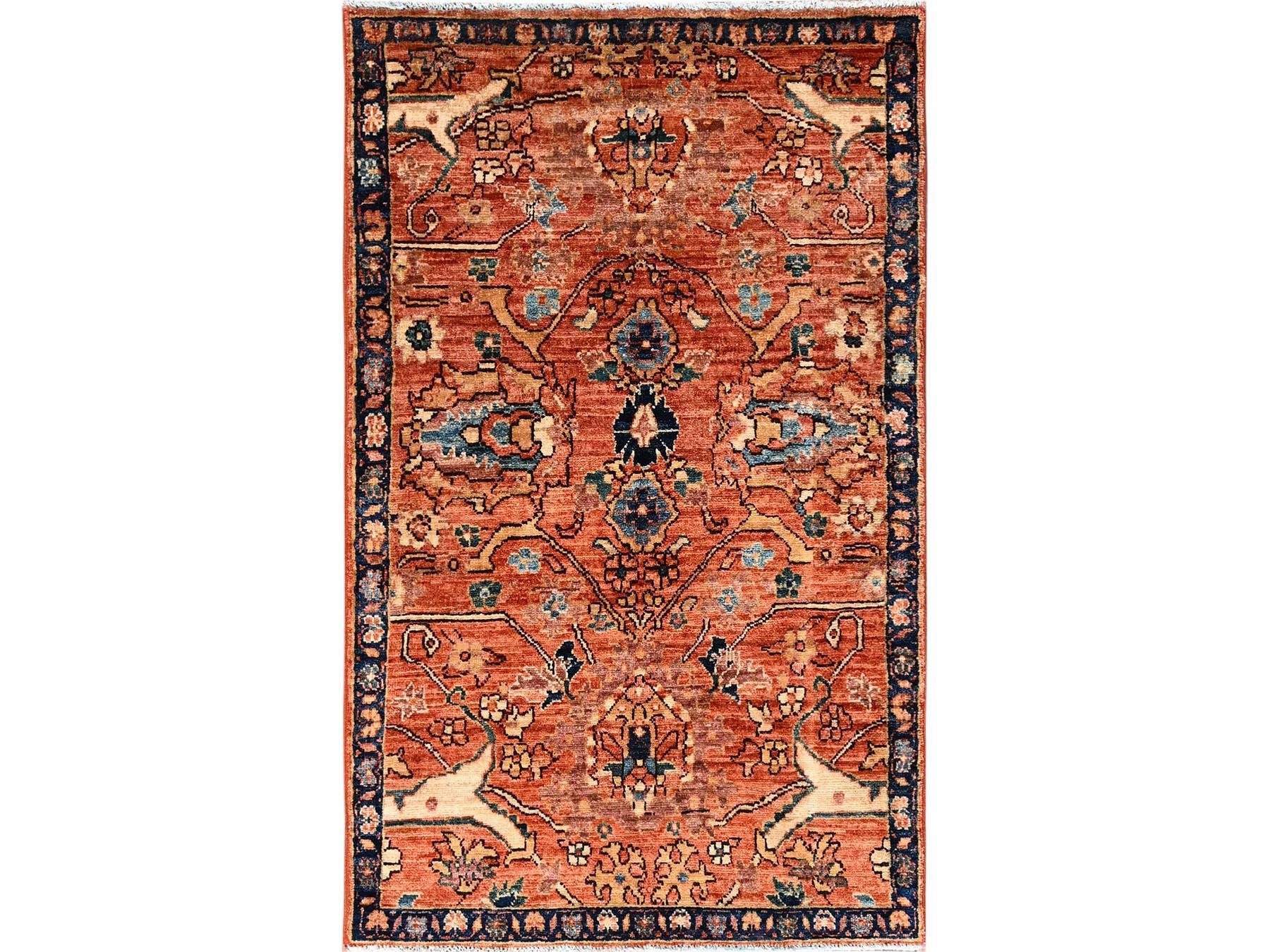 Tribal & Geometric hand-knotted wool rug in Orange & Navy Blue, 2'11" x 4'10" — SKU O01610
