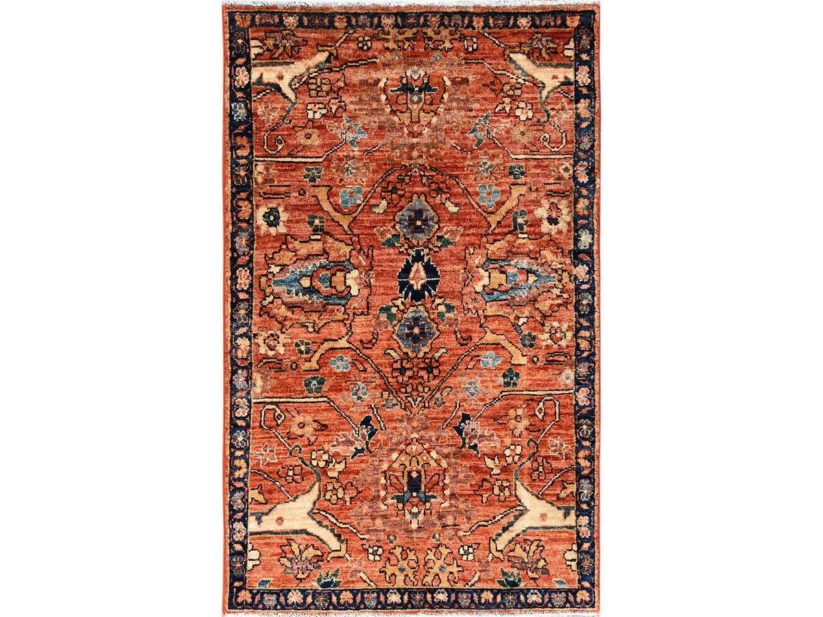Tribal & Geometric hand-knotted wool rug in Orange & Navy Blue, 2'11" x 4'10" — SKU O01610