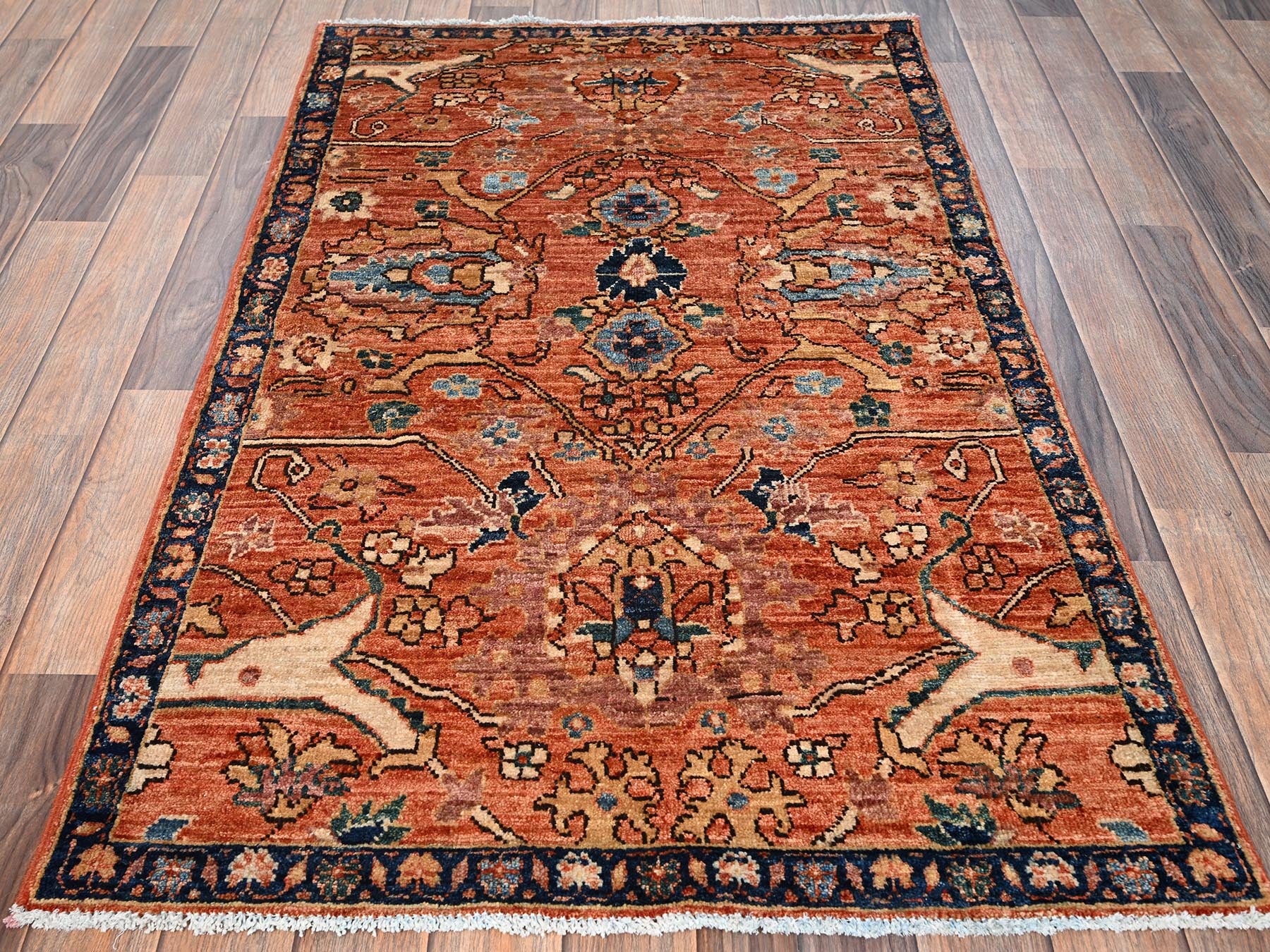 Tribal & Geometric hand-knotted wool rug in Orange & Navy Blue, 2'11" x 4'10" — SKU O01610 (view 2)
