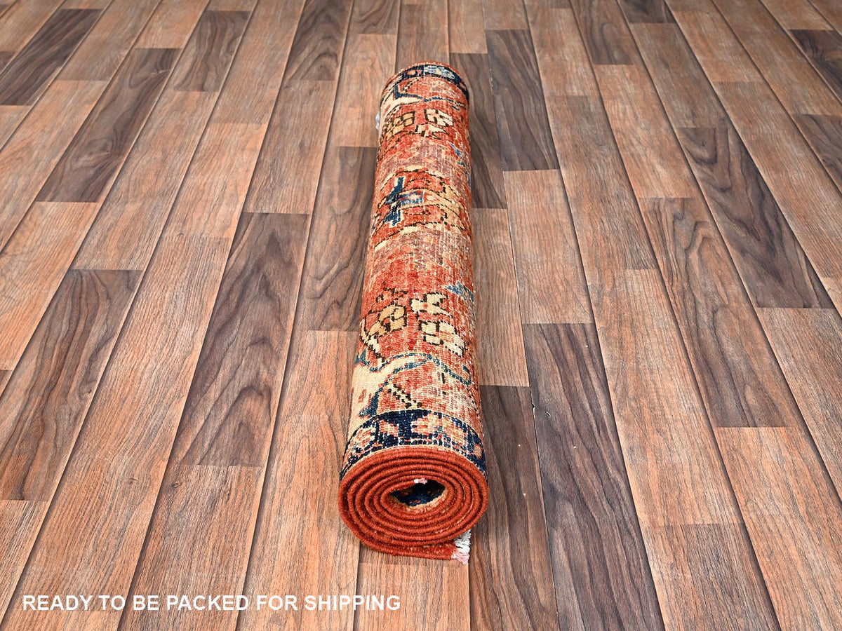 Tribal & Geometric hand-knotted wool rug in Orange & Navy Blue, 2'11" x 4'10" — SKU O01610 (view 5)