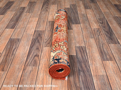 Tribal & Geometric hand-knotted wool rug in Orange & Navy Blue, 2'11" x 4'10" — SKU O01610 (view 5)