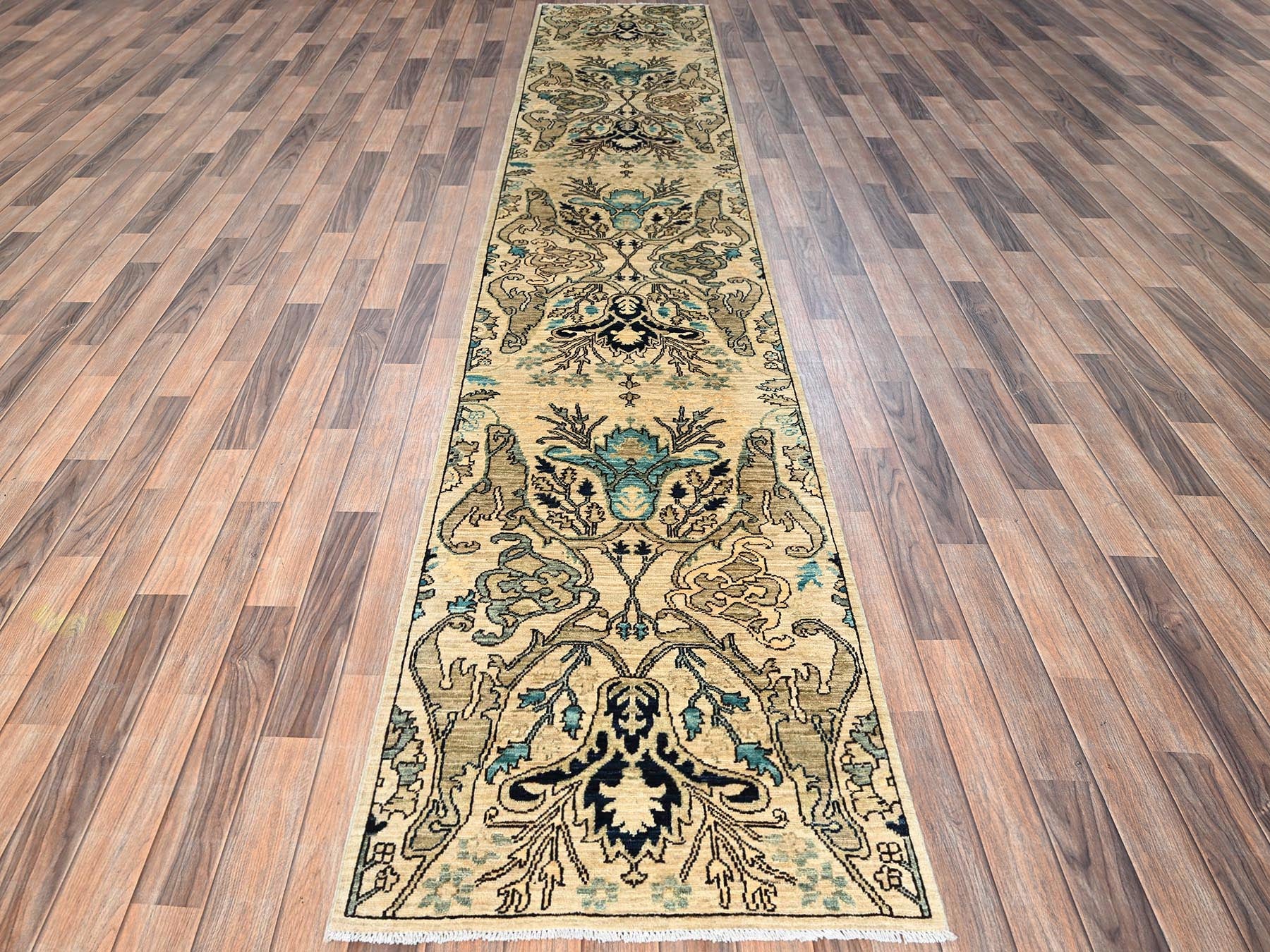 Ivory 2'7" x 13'10" Tribal & Geometric Hand knotted Wool Rug - Sku: O01625