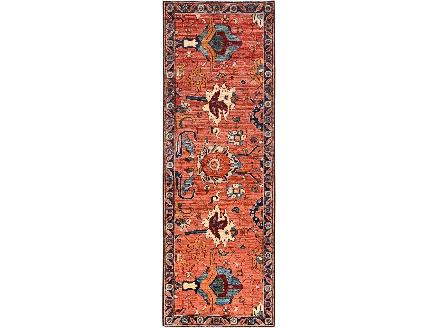 Heriz Tribal & Geometric hand-knotted wool runner in Orange & Navy Blue, 3'3" x 9'9" — SKU O01627