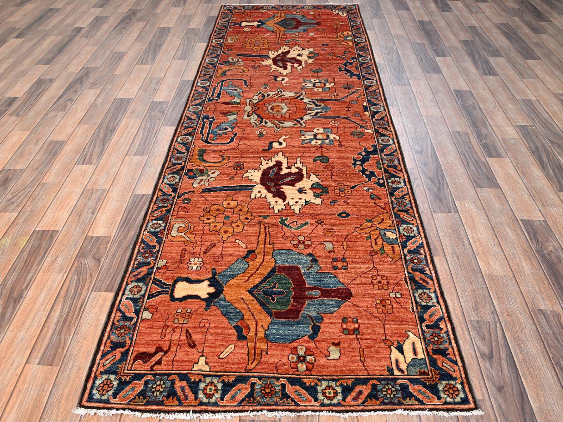 Heriz Tribal & Geometric hand-knotted wool runner in Orange & Navy Blue, 3'3" x 9'9" — SKU O01627 (view 2)