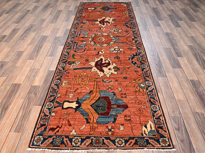 Heriz Tribal & Geometric hand-knotted wool runner in Orange & Navy Blue, 3'3" x 9'9" — SKU O01627 (view 2)