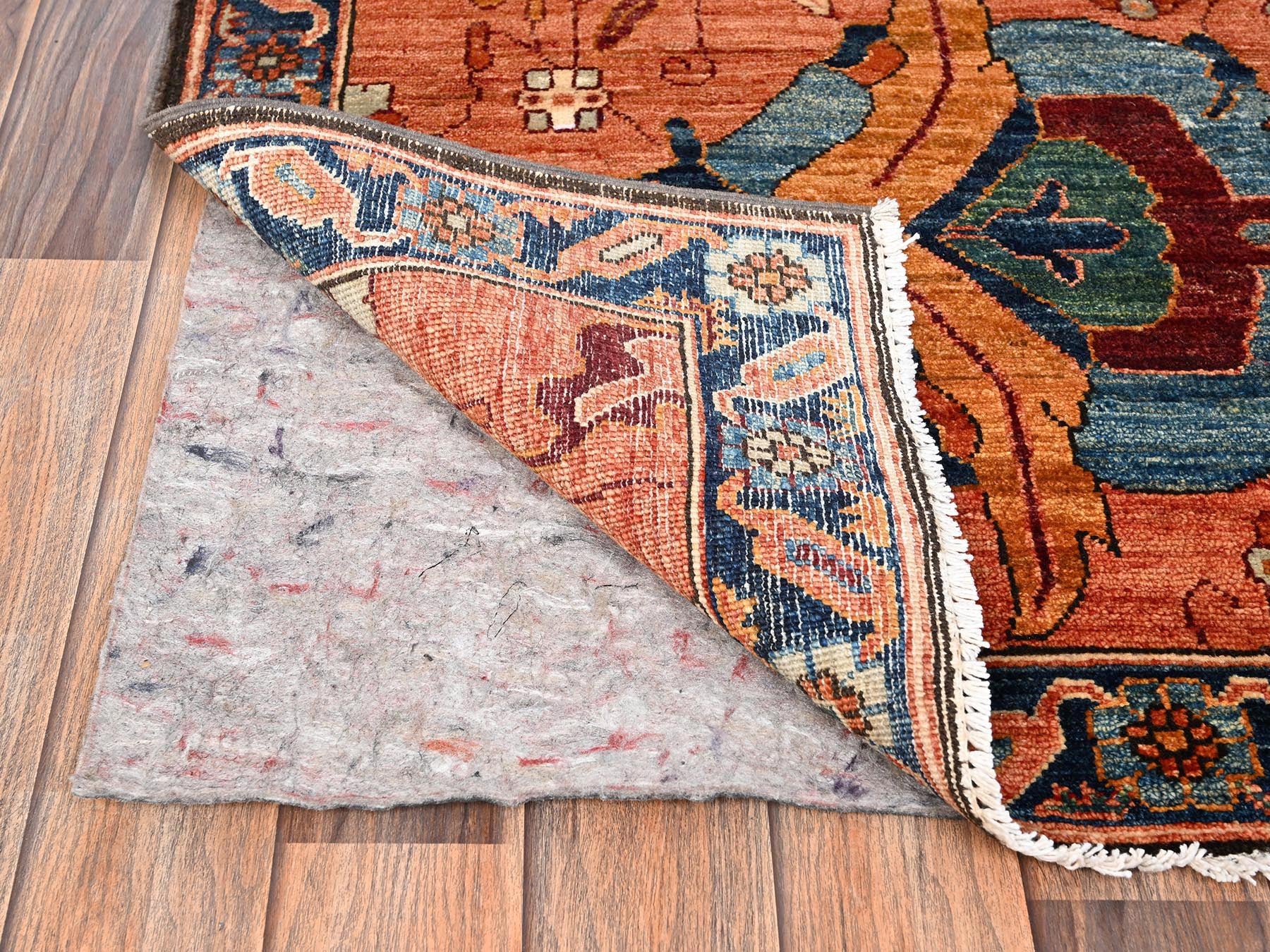 Heriz Tribal & Geometric hand-knotted wool runner in Orange & Navy Blue, 3'3" x 9'9" — SKU O01627 (view 3)