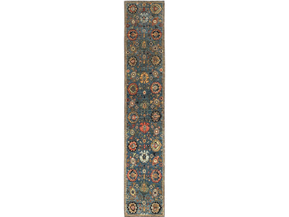 Blue 2'7" x 14'7" Tribal & Geometric Hand knotted Wool Rug - Sku: O01628