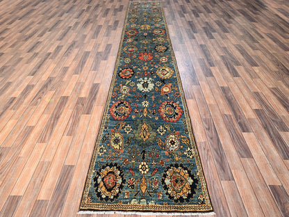 Blue 2'7" x 14'7" Tribal & Geometric Hand knotted Wool Rug - Sku: O01628