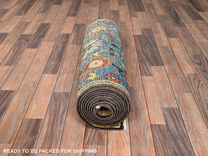 Blue 2'7" x 14'7" Tribal & Geometric Hand knotted Wool Rug - Sku: O01628
