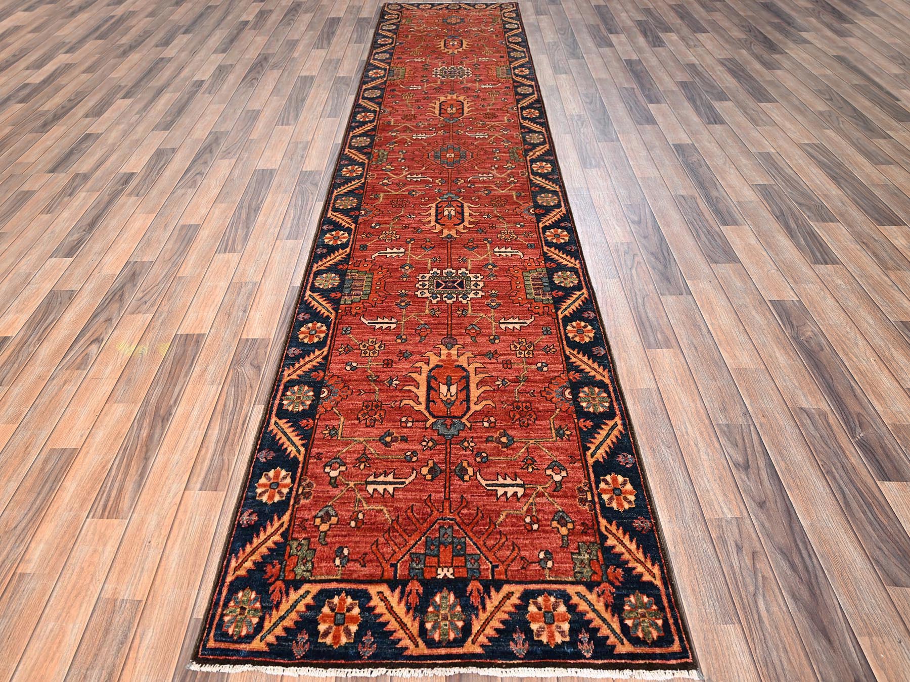 Heriz Tribal & Geometric hand-knotted wool runner in Orange & Navy Blue, 2'11" x 13'3" — SKU O01629 (view 2)