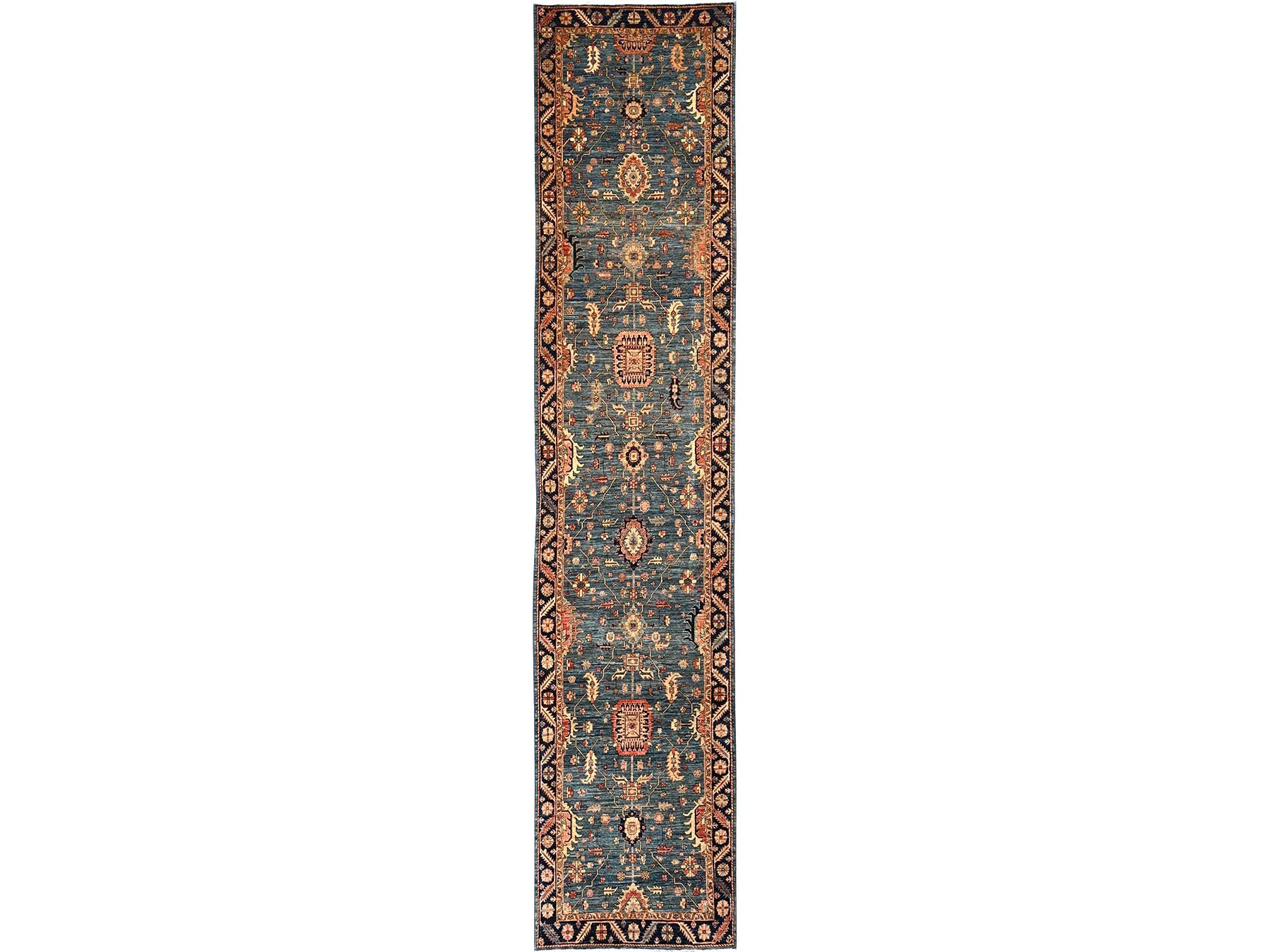 Blue 4'3" x 19'0" Tribal & Geometric Hand knotted Wool Rug - Sku: O01632