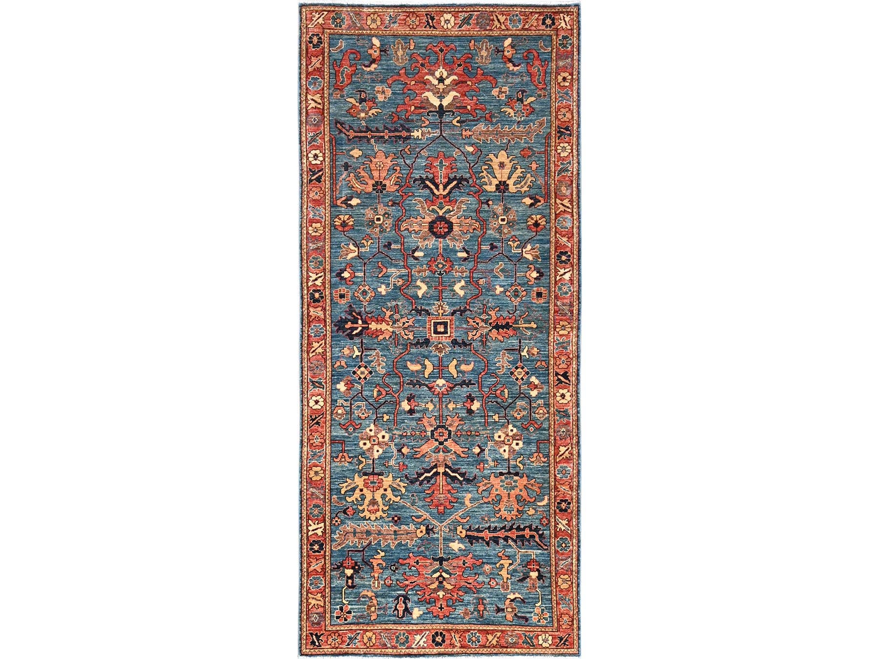 Blue 4'1" x 9'7" Tribal & Geometric Hand knotted Wool Rug - Sku: O01634