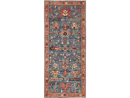 Blue 4'1" x 9'7" Tribal & Geometric Hand knotted Wool Rug - Sku: O01634