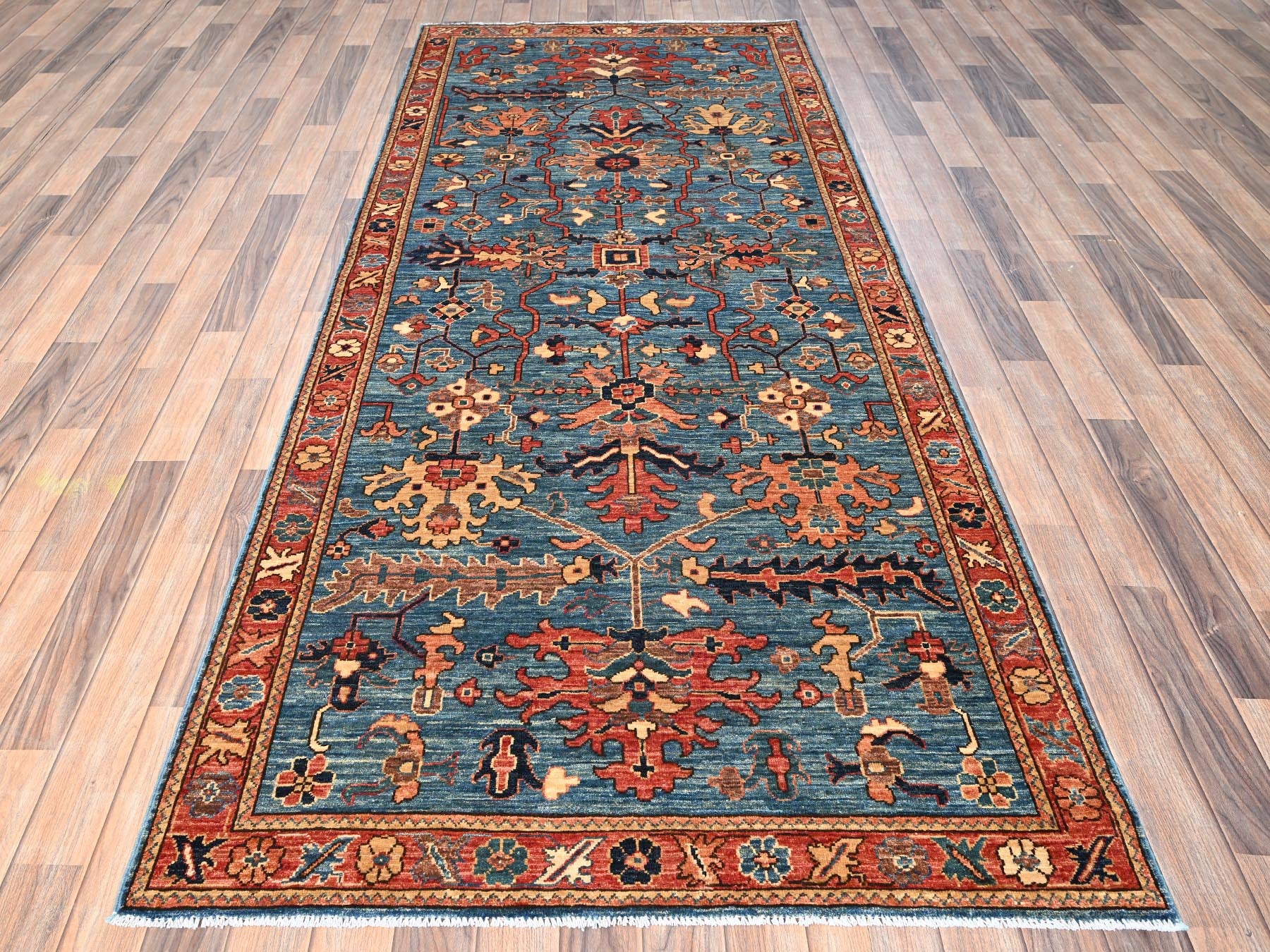 Blue 4'1" x 9'7" Tribal & Geometric Hand knotted Wool Rug - Sku: O01634