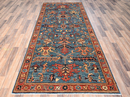 Blue 4'1" x 9'7" Tribal & Geometric Hand knotted Wool Rug - Sku: O01634