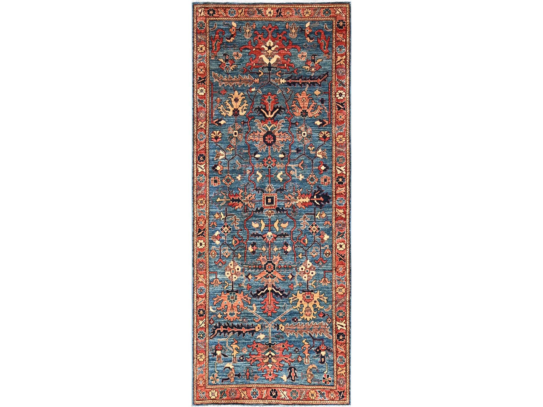 Blue 4'2" x 9'7" Tribal & Geometric Hand knotted Wool Rug - Sku: O01635