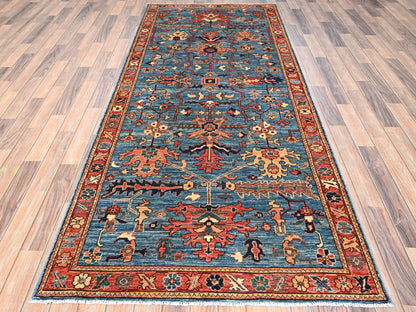 Blue 4'2" x 9'7" Tribal & Geometric Hand knotted Wool Rug - Sku: O01635