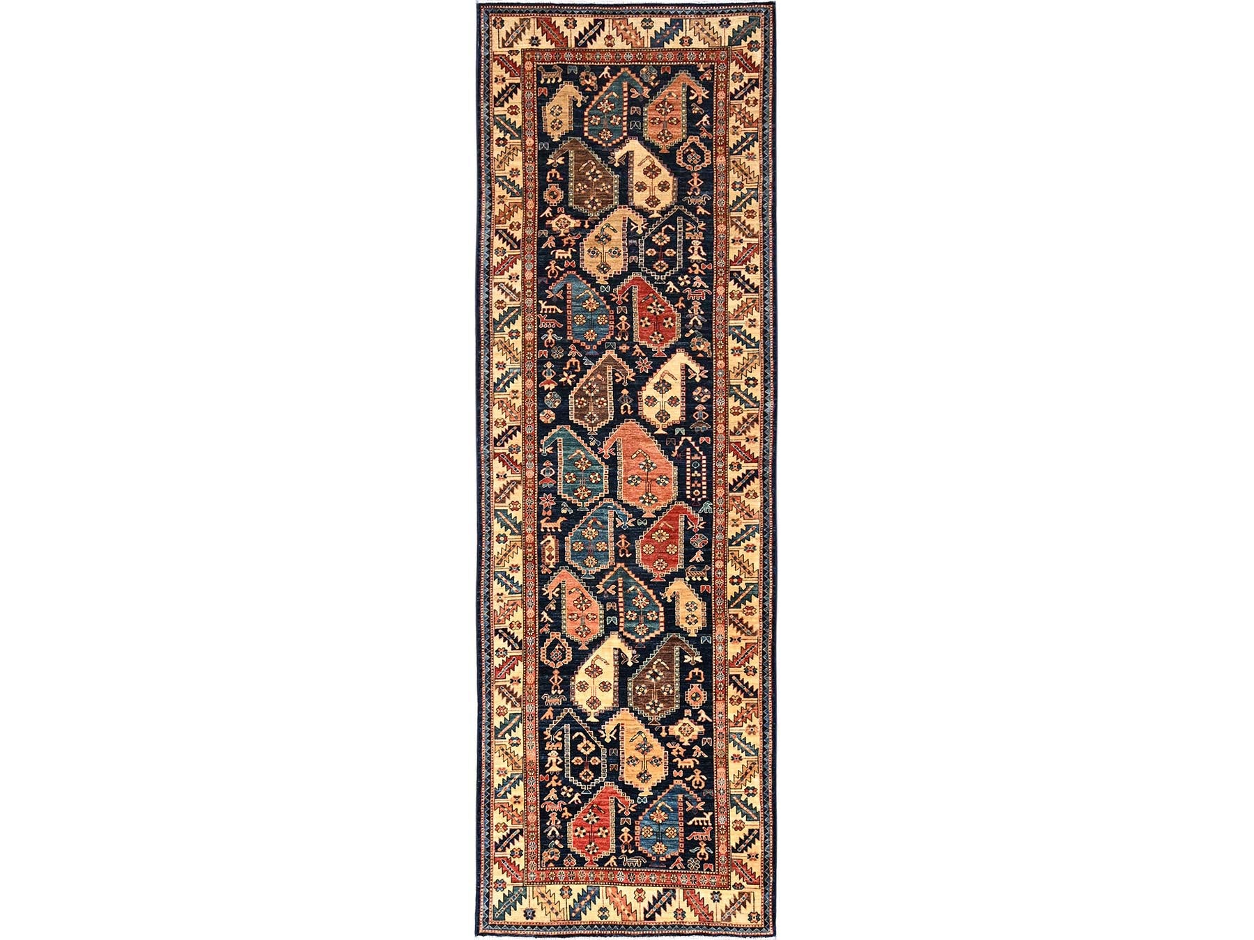 Blue 3'10" x 13'2" Tribal & Geometric Hand knotted Wool Rug - Sku: O01641