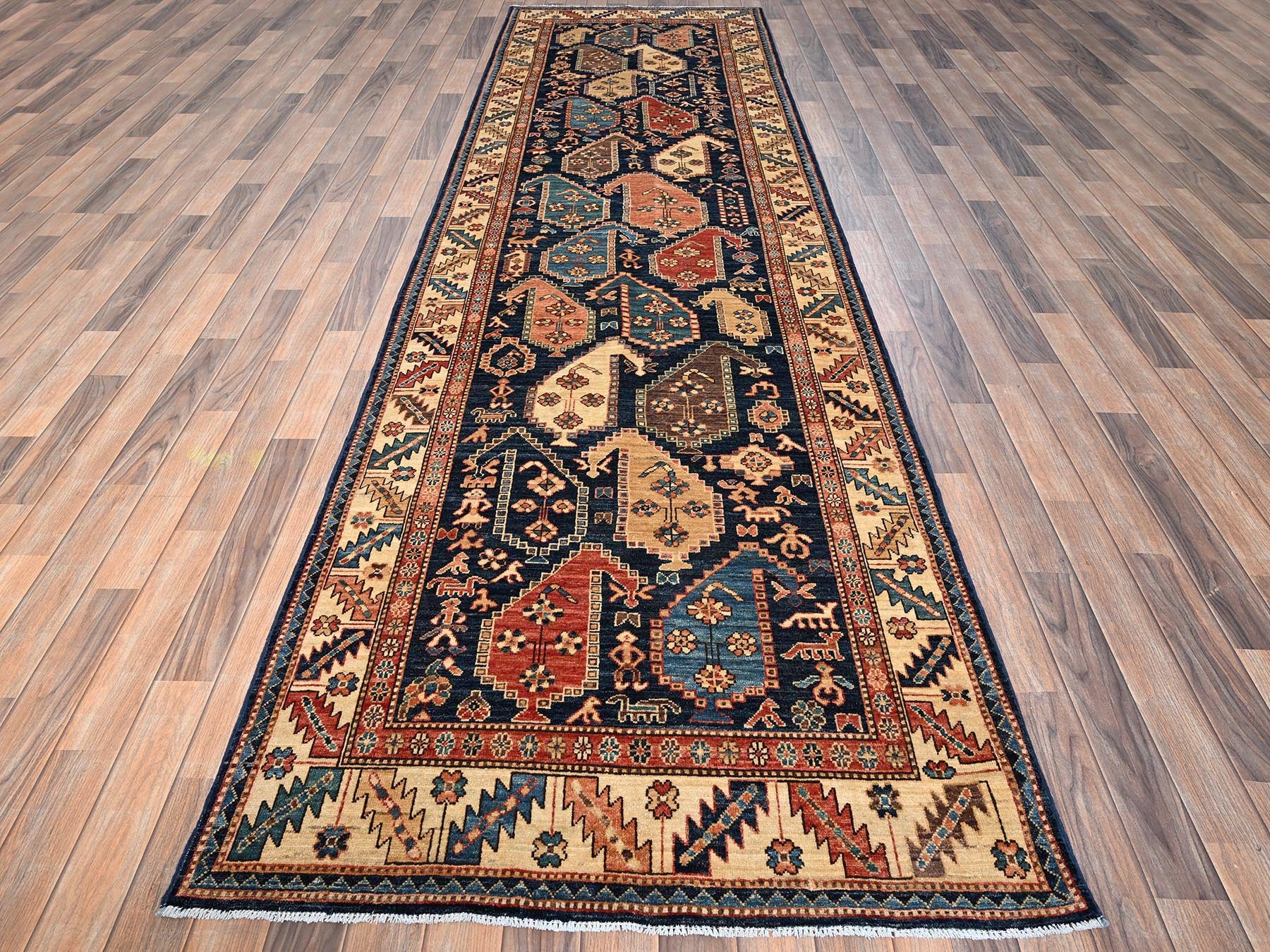 Blue 3'10" x 13'2" Tribal & Geometric Hand knotted Wool Rug - Sku: O01641