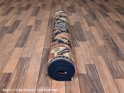 Blue 3'10" x 13'2" Tribal & Geometric Hand knotted Wool Rug - Sku: O01641