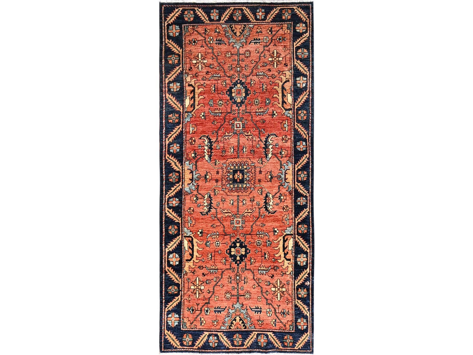 Heriz Tribal & Geometric hand-knotted wool runner in Red & Midnight Blue, 4' x 9'3" — SKU O01642